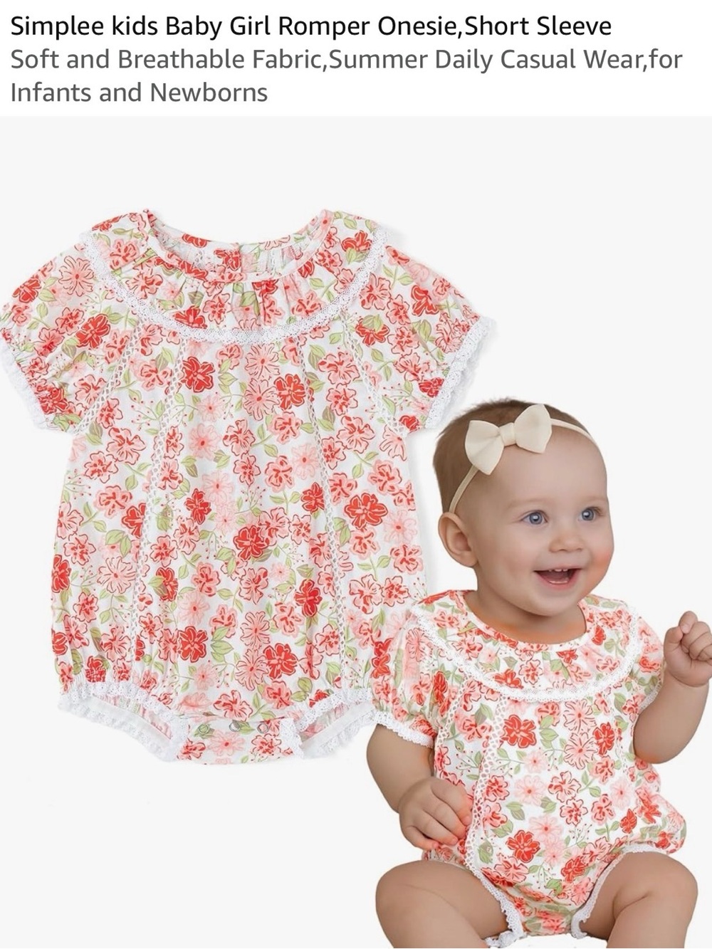 New- Floral Baby Girl Short Sleeve Romper - Coral & Green- size- 3-6 months
